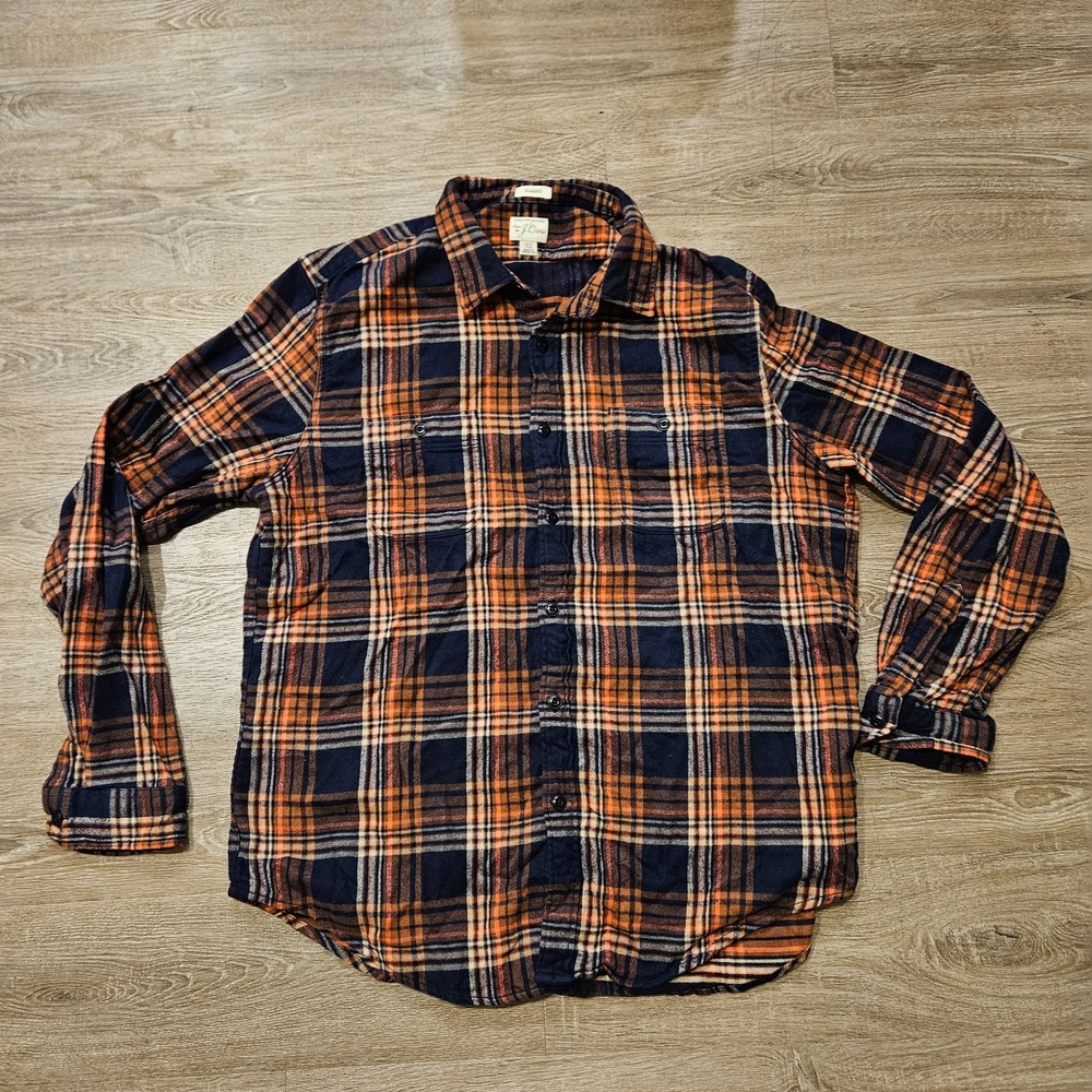 J.Crew Mens XL Classic Fit Plaid Flannel Shirt Navy Orange Button Down